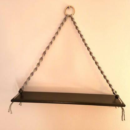ÉTAGÈRES BALANÇOIRES GRISES EN MACRAMÉ + BOIS - ORIGINALES, UNIQUES, ARTISANALES