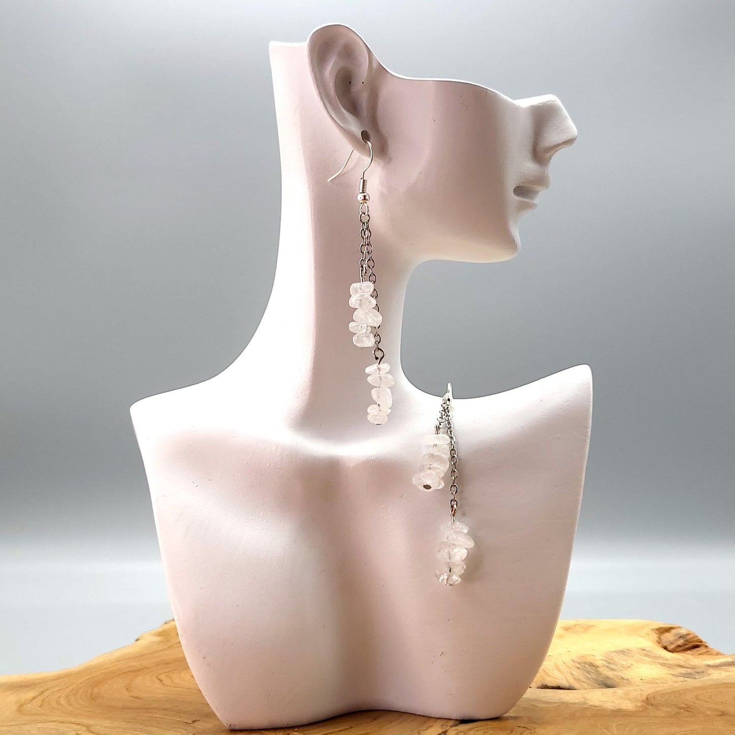 3 MODÈLES DE BOUCLES D'OREILLES EN PIERRE de QUARTZ BLANC - BIJOUX ARTISANAUX, UNIQUES & ORIGINAUX
