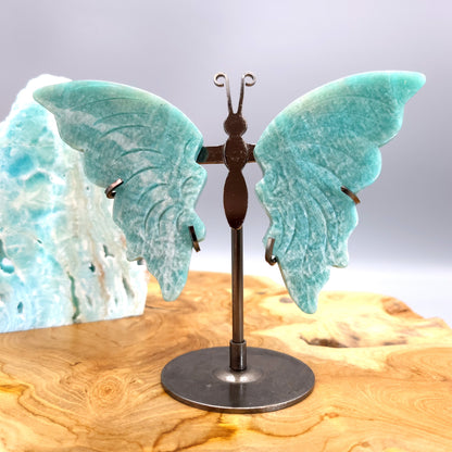 GRAND PAPILLON EN PIERRE AMAZONITE VERTE N°3 SUR SOCLE EN MÉTAL - DÉCORATION ARTISANALE, ORIGINALE & UNIQUE AU CHOIX