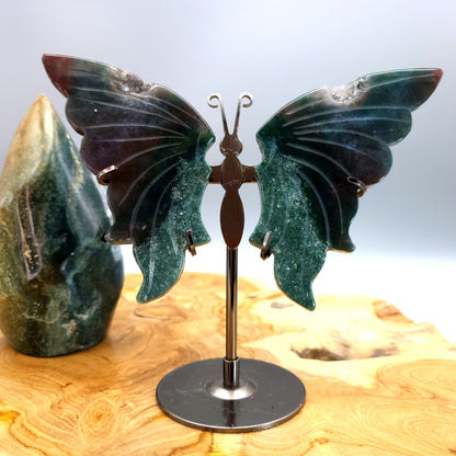 GRAND PAPILLON EN PIERRE DE JASPE OCÉAN N°6 SUR SOCLE EN MÉTAL - DÉCORATION ARTISANALE, ORIGINALE & UNIQUE AU CHOIX