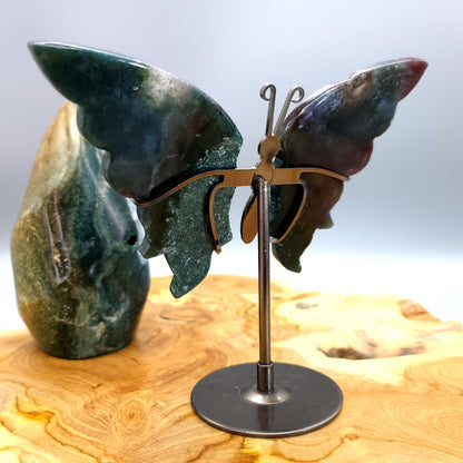 GRAND PAPILLON EN PIERRE DE JASPE OCÉAN N°6 SUR SOCLE EN MÉTAL - DÉCORATION ARTISANALE, ORIGINALE & UNIQUE AU CHOIX