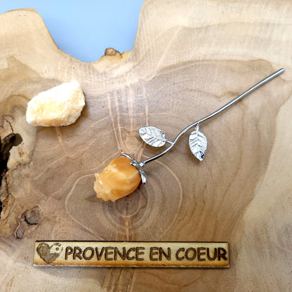 FLEUR " ROSE " EN PIERRE CALCITE JAUNE SCULPTÉE – DÉCORATION ORIGINALE, UNIQUE & ARTISANALE