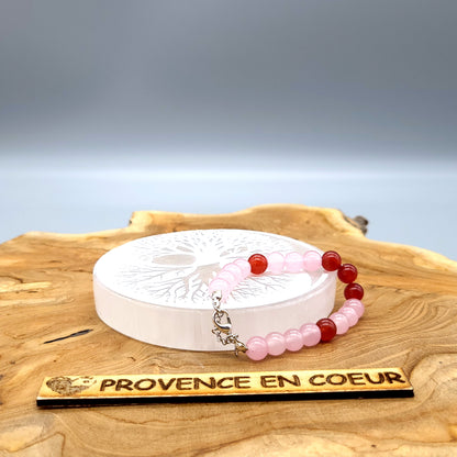 BRACELETS EN DUO DE PERLES RONDES EN PIERRES DE QUARTZ ROSE + CORNALINE - 2 TAILLES AU CHOIX - BIJOUX ARTISANAUX, UNIQUES & ORIGINAUX