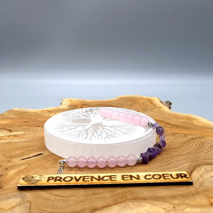 BRACELETS EN DUO DE PERLES RONDES EN PIERRES QUARTZ ROSE + AMÉTHYSTE - 2 TAILLES AU CHOIX - BIJOUX ARTISANAUX, UNIQUES & ORIGINAUX