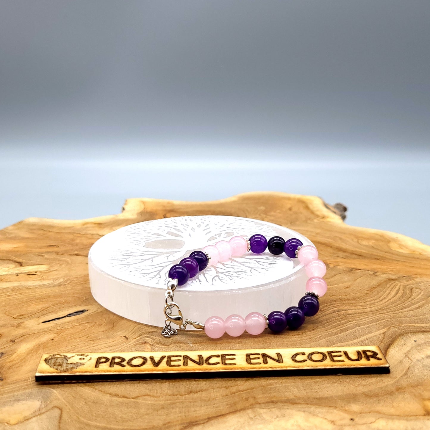 BRACELETS EN DUO DE PERLES RONDES EN PIERRES DE QUARTZ ROSE + AMÉTHYSTE - 2 TAILLES AU CHOIX - BIJOUX ARTISANAUX, UNIQUES & ORIGINAUX
