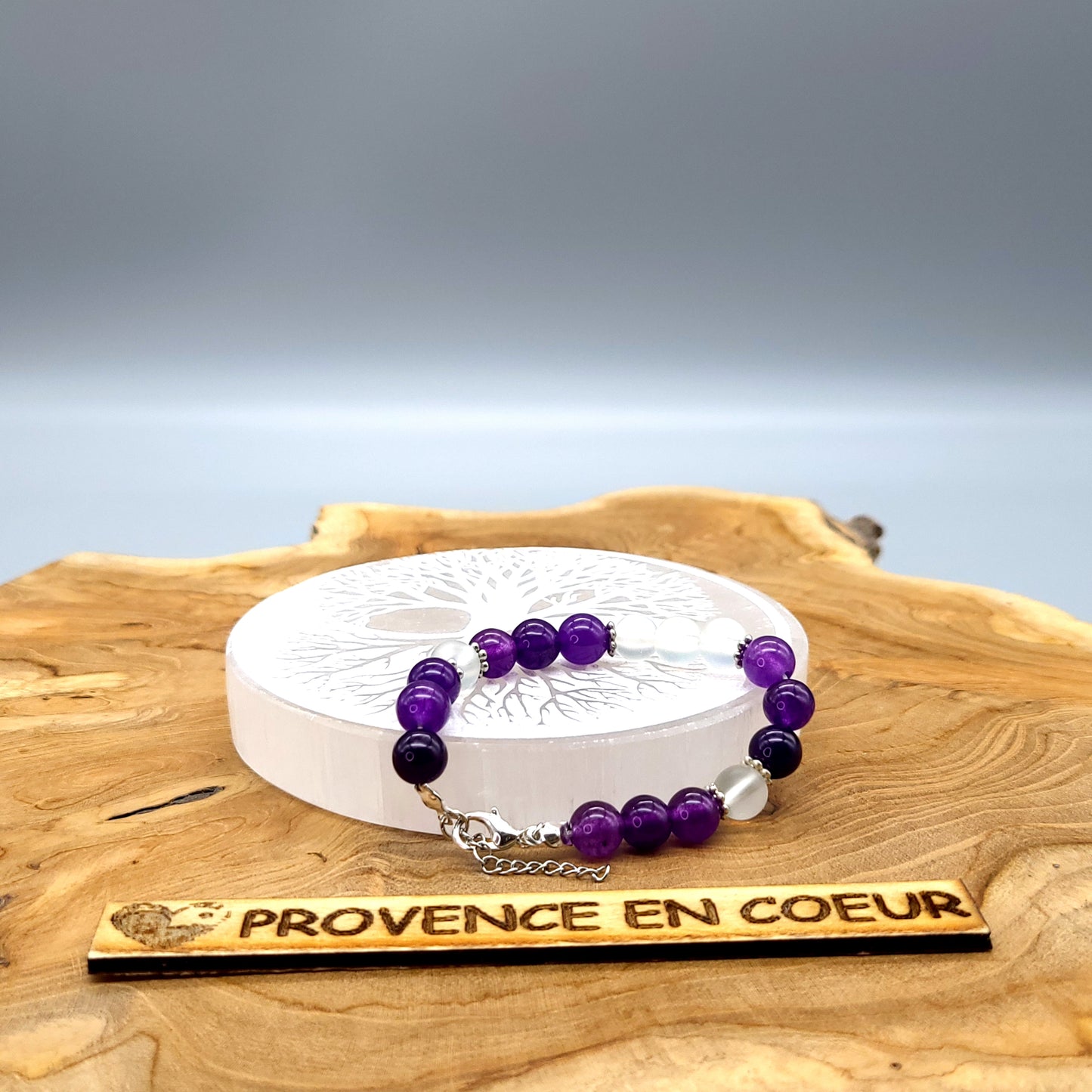 BRACELETS EN DUO DE PERLES RONDES EN PIERRES DE LUNE + AMÉTHYSTE - 2 TAILLES AU CHOIX - BIJOUX ARTISANAUX, UNIQUES & ORIGINAUX