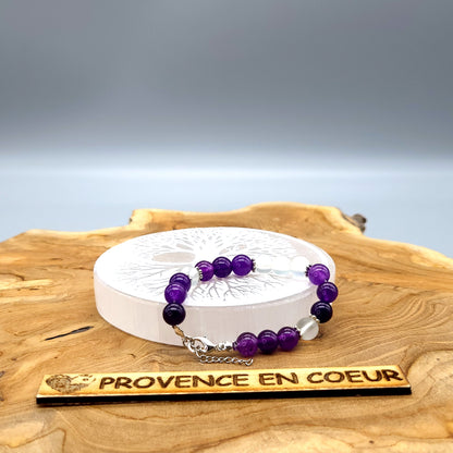 BRACELETS EN DUO DE PERLES RONDES EN PIERRES DE LUNE + AMÉTHYSTE - 2 TAILLES AU CHOIX - BIJOUX ARTISANAUX, UNIQUES & ORIGINAUX