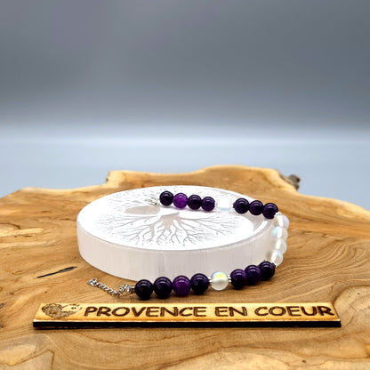 BRACELETS EN DUO DE PERLES RONDES EN PIERRES DE LUNE + AMÉTHYSTE - 2 TAILLES AU CHOIX - BIJOUX ARTISANAUX, UNIQUES & ORIGINAUX