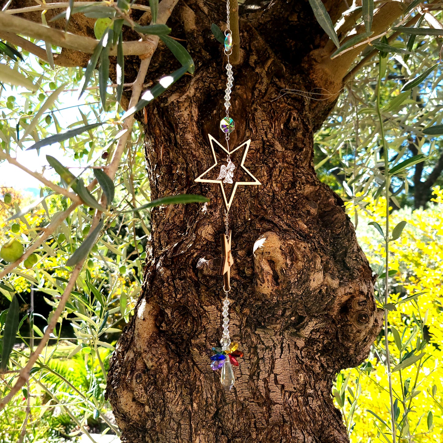 DÉCORATION SUNCATCHER ÉTOILES EN BOIS + ANGES 7 CHAKRAS - ATTRAPE SOLEIL UNIQUE, ARTISANAL & ORIGINAL