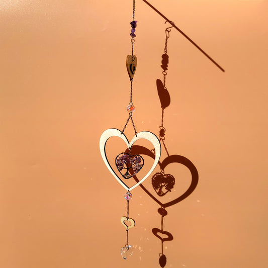 DÉCORATION SUNCATCHER COEUR ARBRE DE VIE EN PIERRE AMÉTHYSTE + COEURS EN BOIS - ATTRAPE SOLEIL UNIQUE, ARTISANAL & ORIGINAL