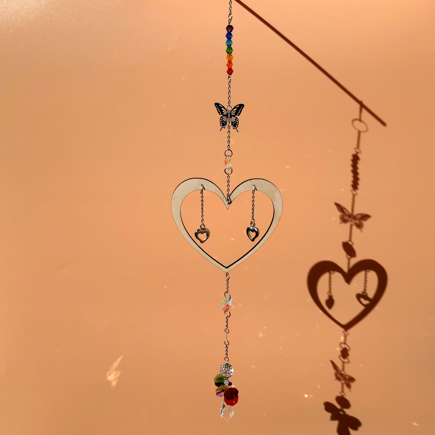 DÉCORATION SUNCATCHER 7 CHAKRAS + ANGE & PAPILLONS + COEUR EN  BOIS - ATTRAPE SOLEIL UNIQUE, ARTISANAL & ORIGINAL