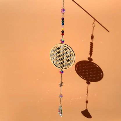 DÉCORATION SUNCATCHER 7 CHAKRAS EN PIERRES & FLEUR de VIE EN BOIS + MARGUERITE - ATTRAPE SOLEIL UNIQUE, ARTISANAL & ORIGINAL