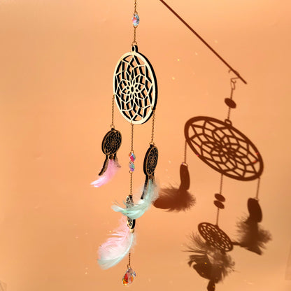 DÉCORATION " 2 EN 1 "  DREAMCATCHERS EN BOIS + SUNCATCHER TONS BLEUS ET ROSES - (ATTRAPE-RÊVES avec un ATTRAPE SOLEIL) UNIQUE, ARTISANAL & ORIGINAL