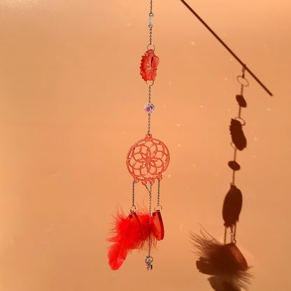 DÉCORATION " 2 EN 1 "  DREAMCATCHER + SUNCATCHER TONS ROUGES + FLEUR HIBISCUS - (ATTRAPE-RÊVES avec un ATTRAPE SOLEIL) UNIQUE, ARTISANAL & ORIGINAL
