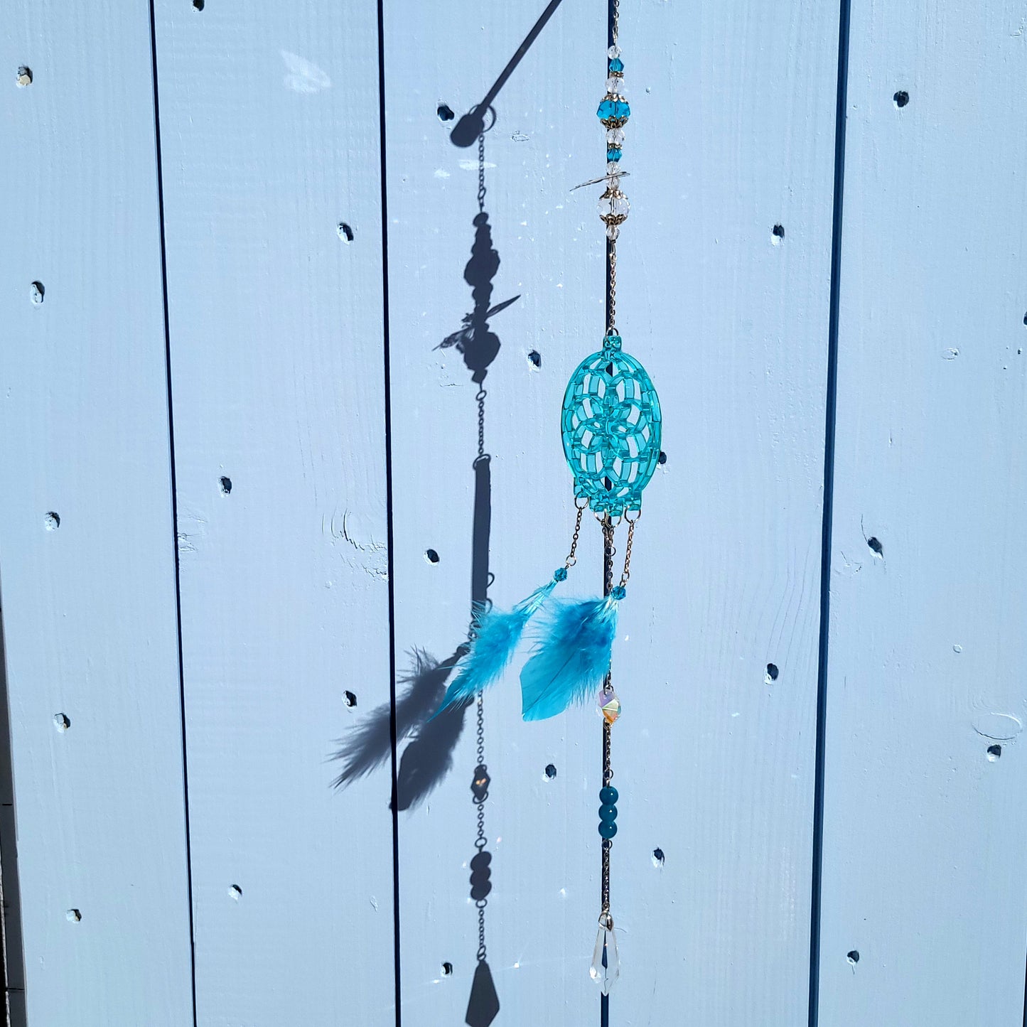 DÉCORATION " 2 EN 1 "  DREAMCATCHER + SUNCATCHER TONS BLEUS + PAPILLON - (ATTRAPE-RÊVES avec un ATTRAPE SOLEIL) UNIQUE, ARTISANAL & ORIGINAL