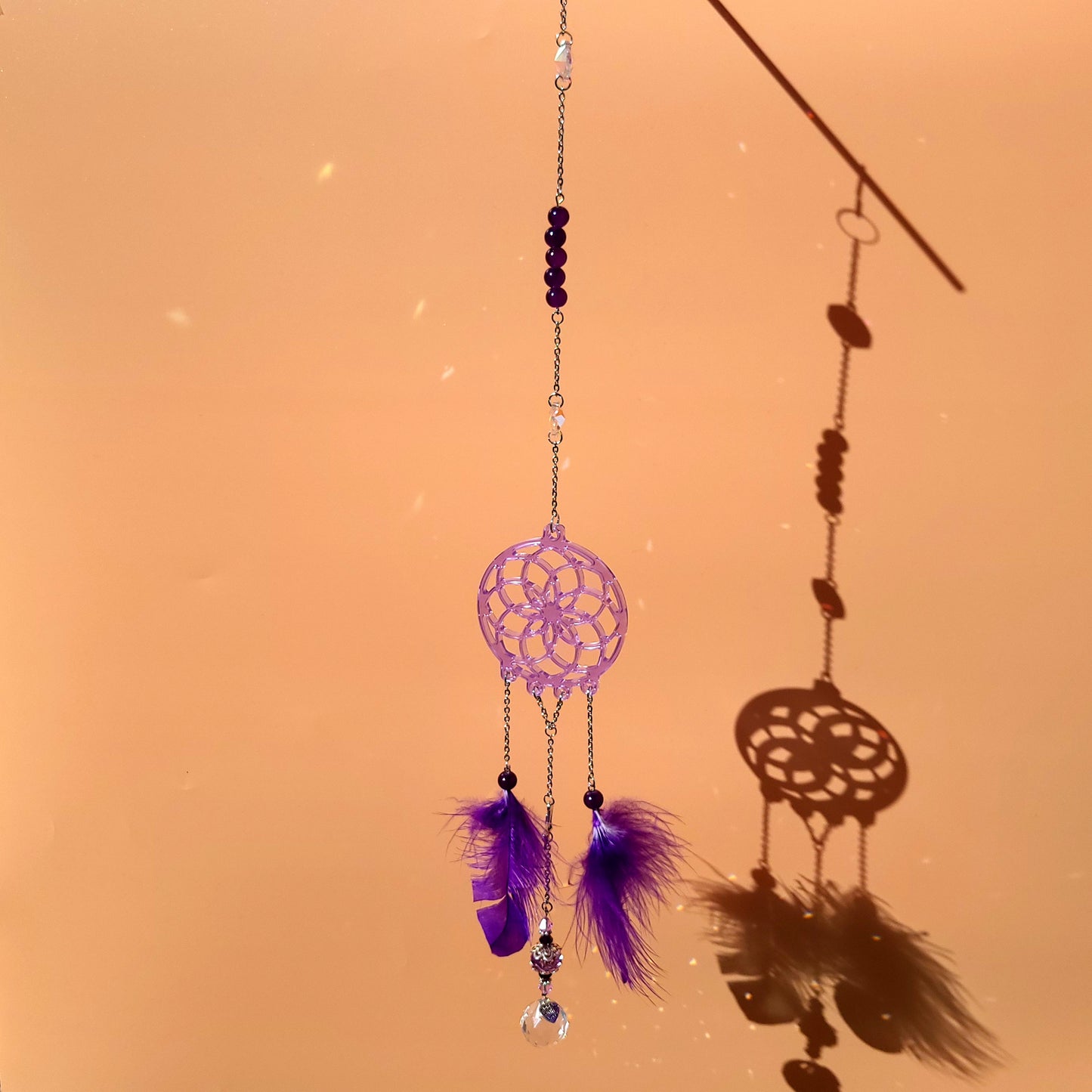 DÉCORATION " 2 EN 1 "  DREAMCATCHER + SUNCATCHER TONS VIOLETS MAUVES + ÉTOILE - (ATTRAPE-RÊVES avec un ATTRAPE SOLEIL) UNIQUE, ARTISANAL & ORIGINAL