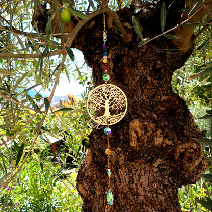 DÉCORATION SUNCATCHER 7 CHAKRAS EN PIERRES + ARBRE de VIE EN BOIS - ATTRAPE SOLEIL UNIQUE, ARTISANAL & ORIGINAL