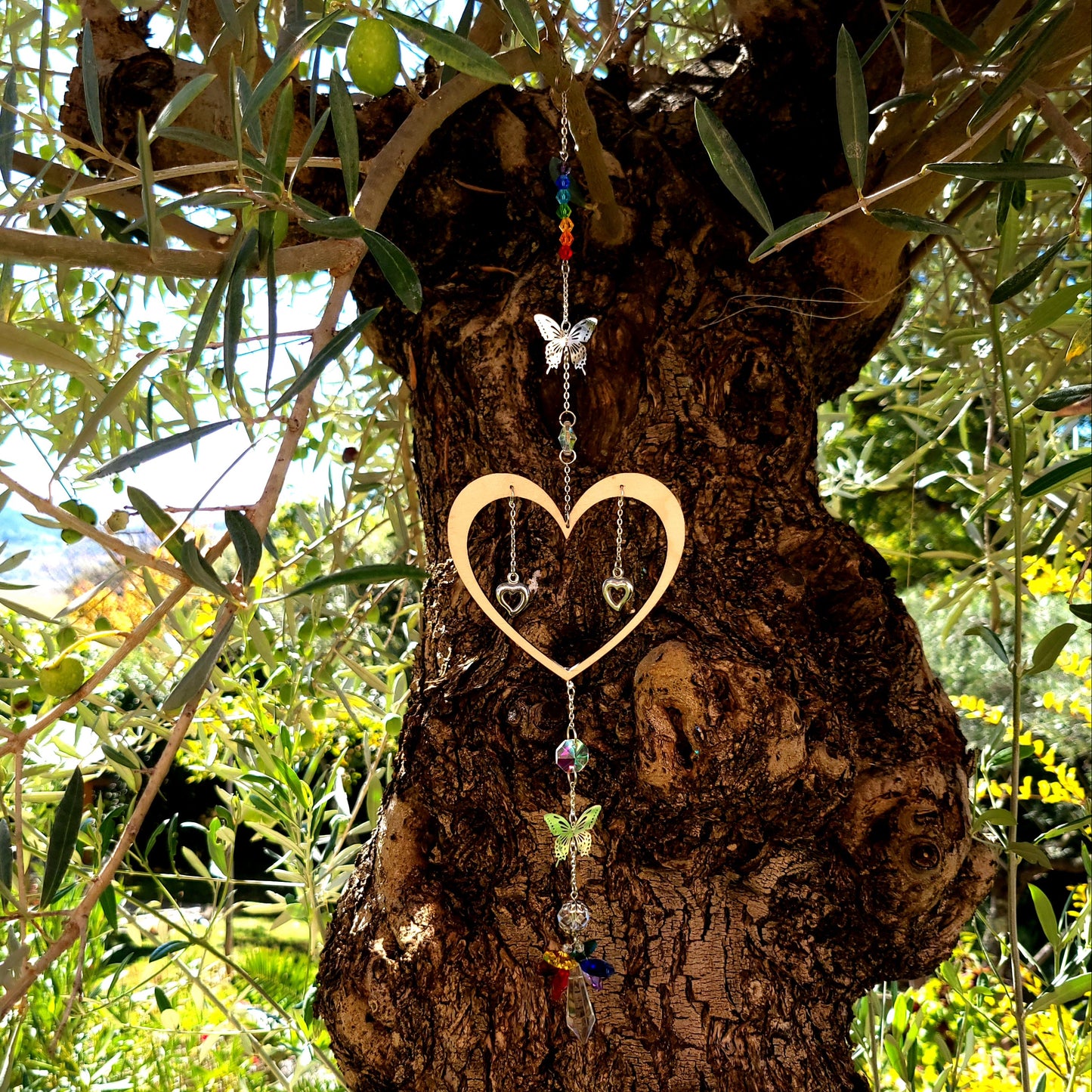 DÉCORATION SUNCATCHER 7 CHAKRAS + ANGE & PAPILLONS + COEUR EN  BOIS - ATTRAPE SOLEIL UNIQUE, ARTISANAL & ORIGINAL