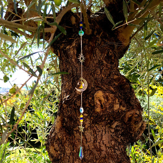 DÉCORATION SUNCATCHER " UNIVERS " avec SOLEIL, LUNE & ÉTOILE - ATTRAPE SOLEIL UNIQUE, ARTISANAL & ORIGINAL