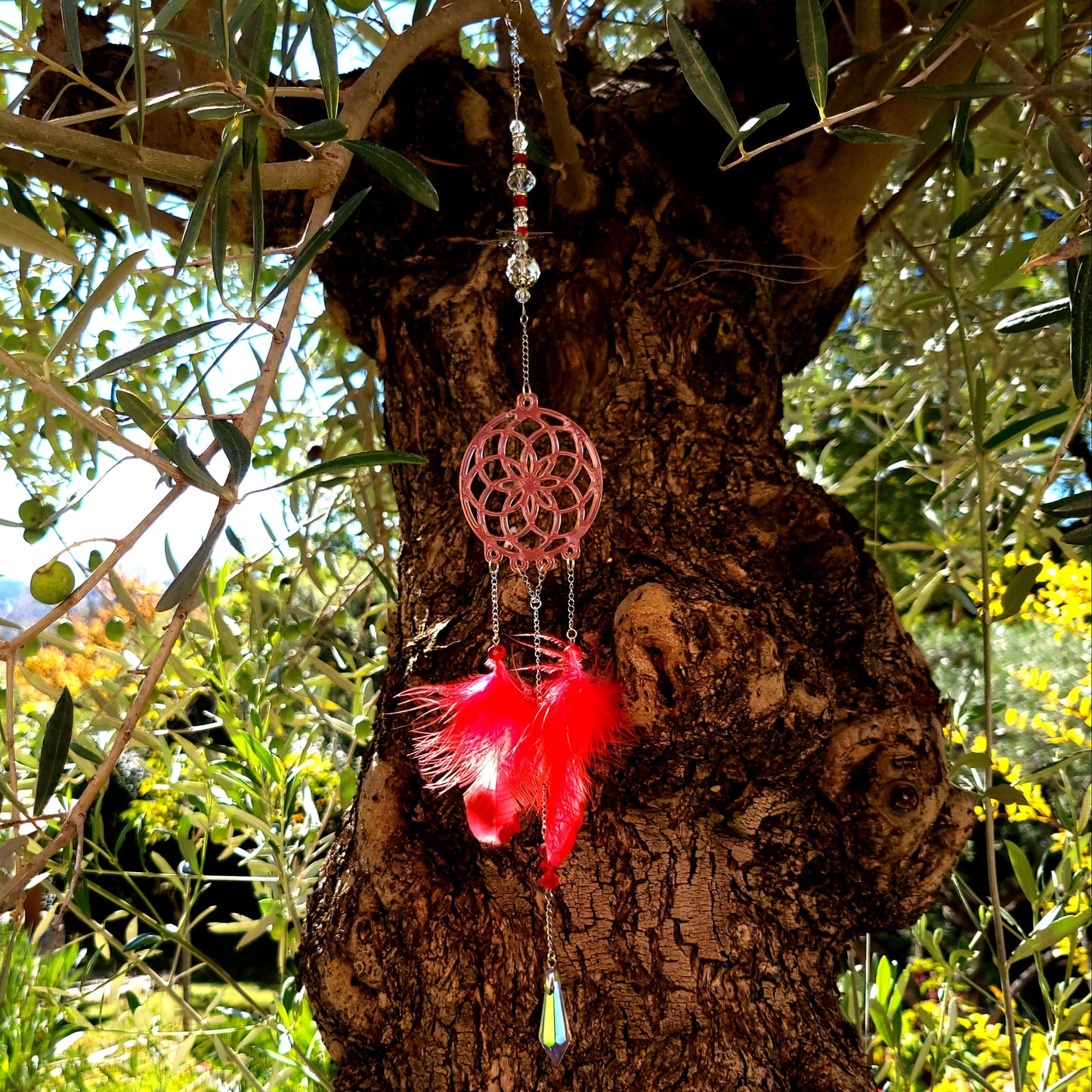 DÉCORATION " 2 EN 1 "  DREAMCATCHER + SUNCATCHER TONS ROUGES + PAPILLON - (ATTRAPE-RÊVES avec un ATTRAPE SOLEIL) UNIQUE, ARTISANAL & ORIGINAL