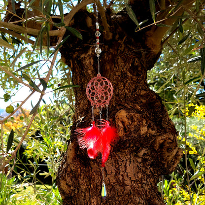 DÉCORATION " 2 EN 1 "  DREAMCATCHER + SUNCATCHER TONS ROUGES + PAPILLON - (ATTRAPE-RÊVES avec un ATTRAPE SOLEIL) UNIQUE, ARTISANAL & ORIGINAL