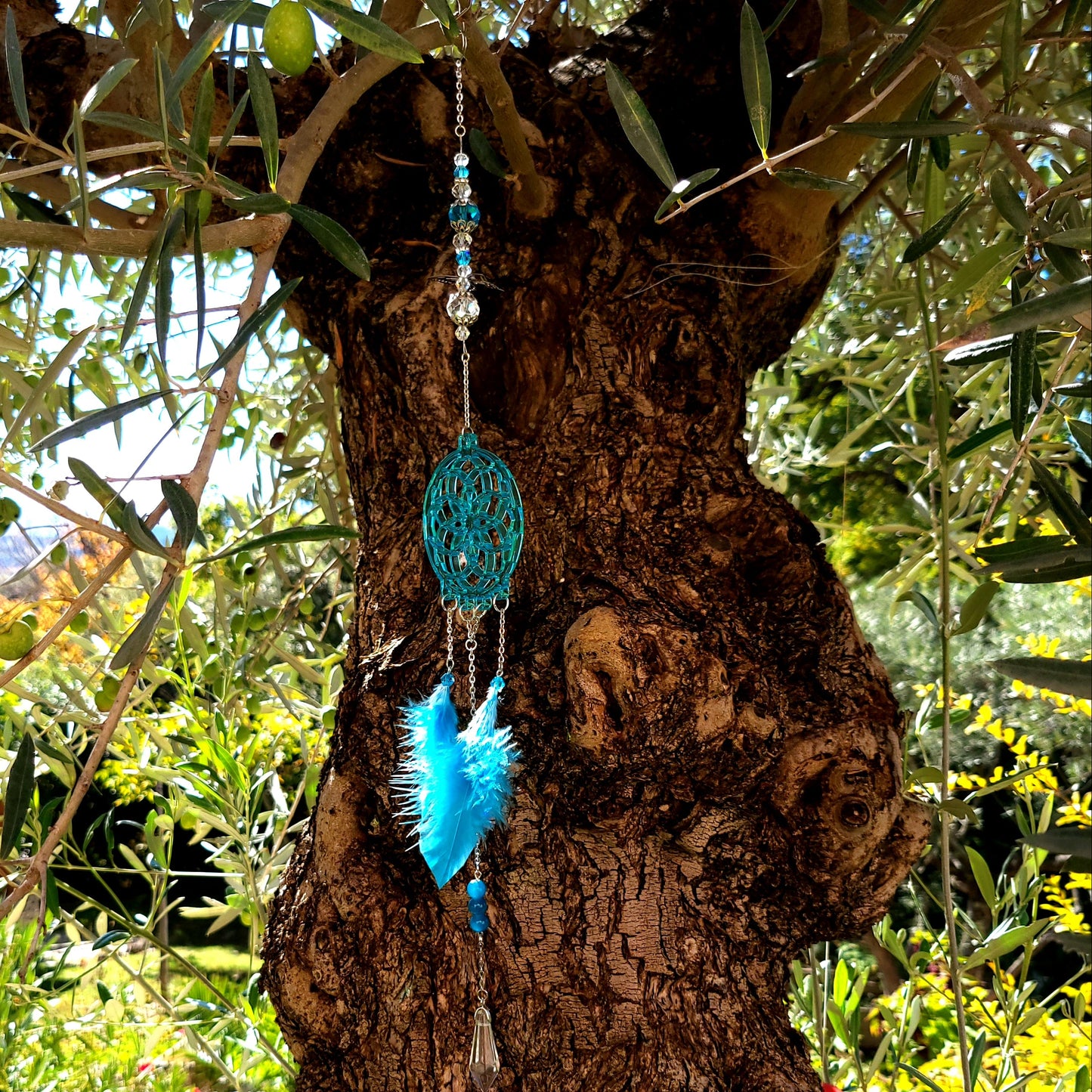 DÉCORATION " 2 EN 1 "  DREAMCATCHER + SUNCATCHER TONS BLEUS + PAPILLON - (ATTRAPE-RÊVES avec un ATTRAPE SOLEIL) UNIQUE, ARTISANAL & ORIGINAL