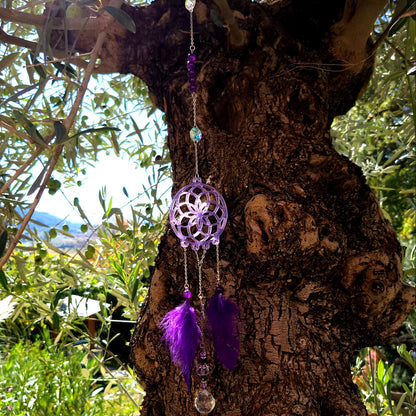 DÉCORATION " 2 EN 1 "  DREAMCATCHER + SUNCATCHER TONS VIOLETS MAUVES + ÉTOILE - (ATTRAPE-RÊVES avec un ATTRAPE SOLEIL) UNIQUE, ARTISANAL & ORIGINAL