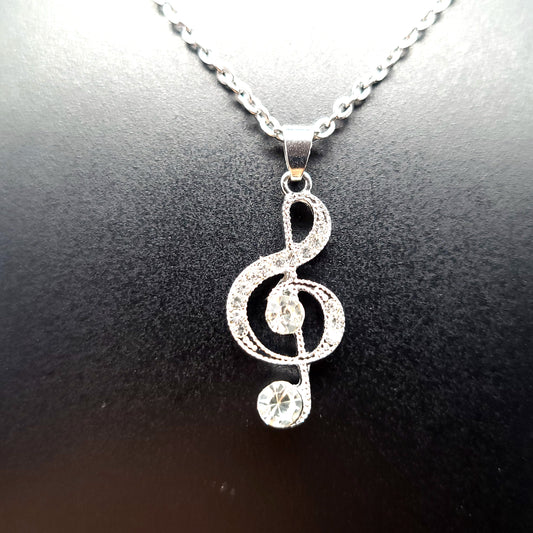CHAÎNE + PENDENTIF NOTE DE MUSIQUE CLÉ DE SOL + STRASS - BIJOU FANTAISIE