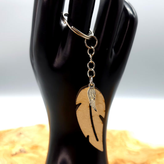 PORTE CLÉS PLUME EN BOIS + BRELOQUE AILE D'ANGE BIJOU DE SAC - ORIGINAL et ARTISANAL