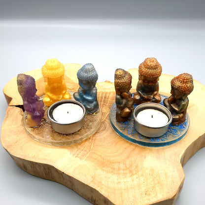 DÉCORATIONS " 6 en 1 "  LOT 3 BOUDDHAS + SOCLE MANDALA EN RÉSINE + COUPELLE EN MÉTAL & BOUGIE -  LOTS AU CHOIX UNIQUES, ARTISANAUX & ORIGINAUX