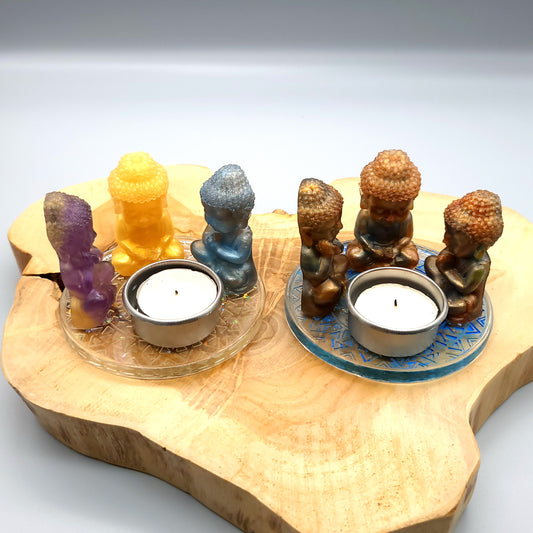 DÉCORATIONS " 6 en 1 "  LOT 3 BOUDDHAS + SOCLE MANDALA EN RÉSINE + COUPELLE EN MÉTAL & BOUGIE -  LOTS AU CHOIX UNIQUES, ARTISANAUX & ORIGINAUX