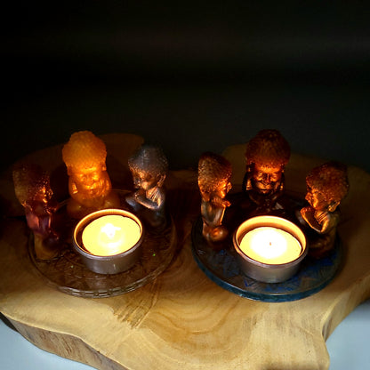DÉCORATIONS " 6 en 1 "  LOT 3 BOUDDHAS + SOCLE MANDALA EN RÉSINE + COUPELLE EN MÉTAL & BOUGIE -  LOTS AU CHOIX UNIQUES, ARTISANAUX & ORIGINAUX
