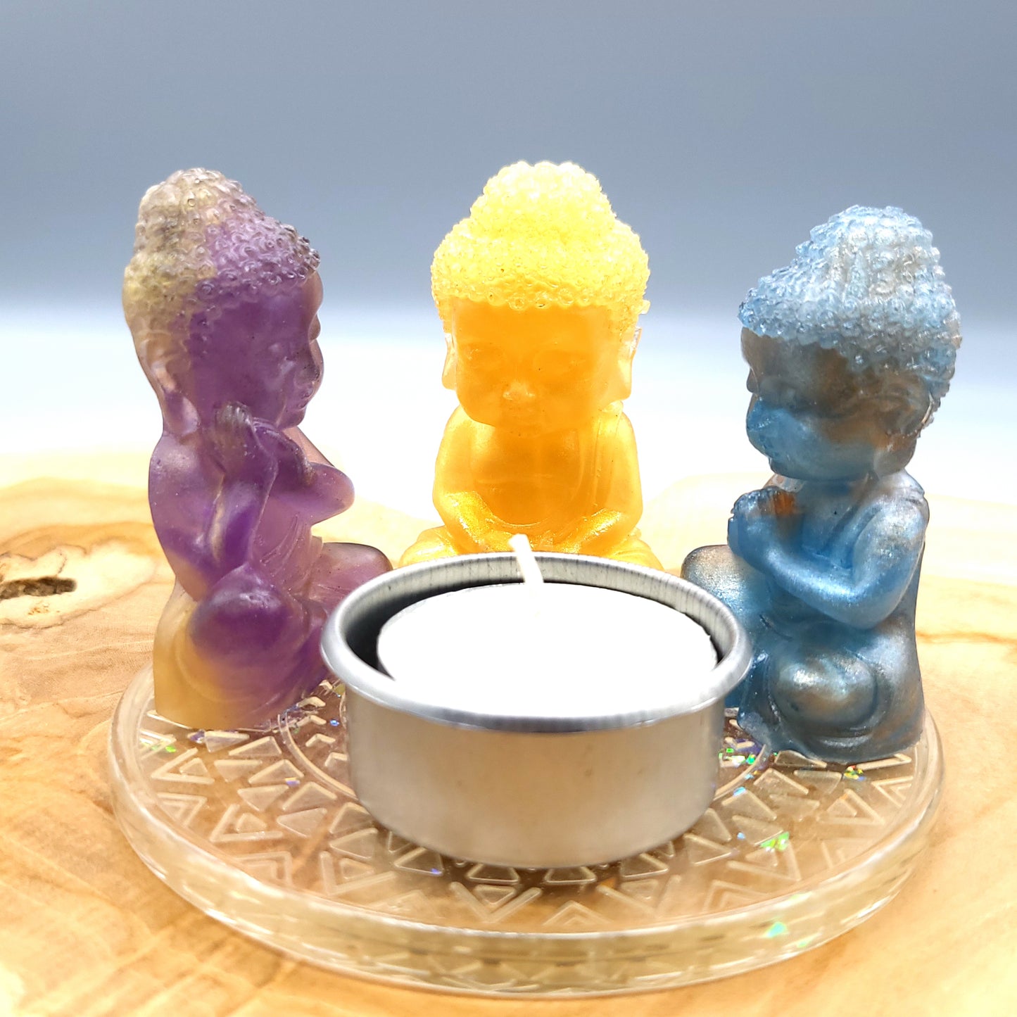 DÉCORATIONS " 6 en 1 "  LOT 3 BOUDDHAS + SOCLE MANDALA EN RÉSINE + COUPELLE EN MÉTAL & BOUGIE -  LOTS AU CHOIX UNIQUES, ARTISANAUX & ORIGINAUX