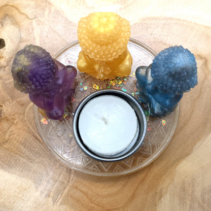 DÉCORATIONS " 6 en 1 "  LOT 3 BOUDDHAS + SOCLE MANDALA EN RÉSINE + COUPELLE EN MÉTAL & BOUGIE -  LOTS AU CHOIX UNIQUES, ARTISANAUX & ORIGINAUX