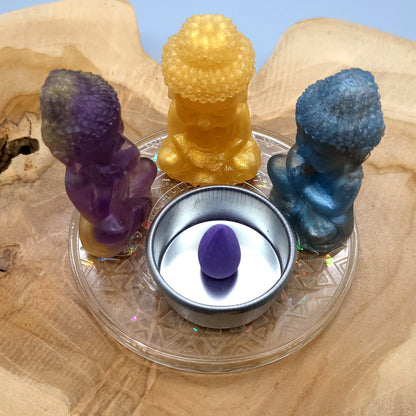 DÉCORATIONS " 6 en 1 "  LOT 3 BOUDDHAS + SOCLE MANDALA EN RÉSINE + COUPELLE EN MÉTAL & BOUGIE -  LOTS AU CHOIX UNIQUES, ARTISANAUX & ORIGINAUX