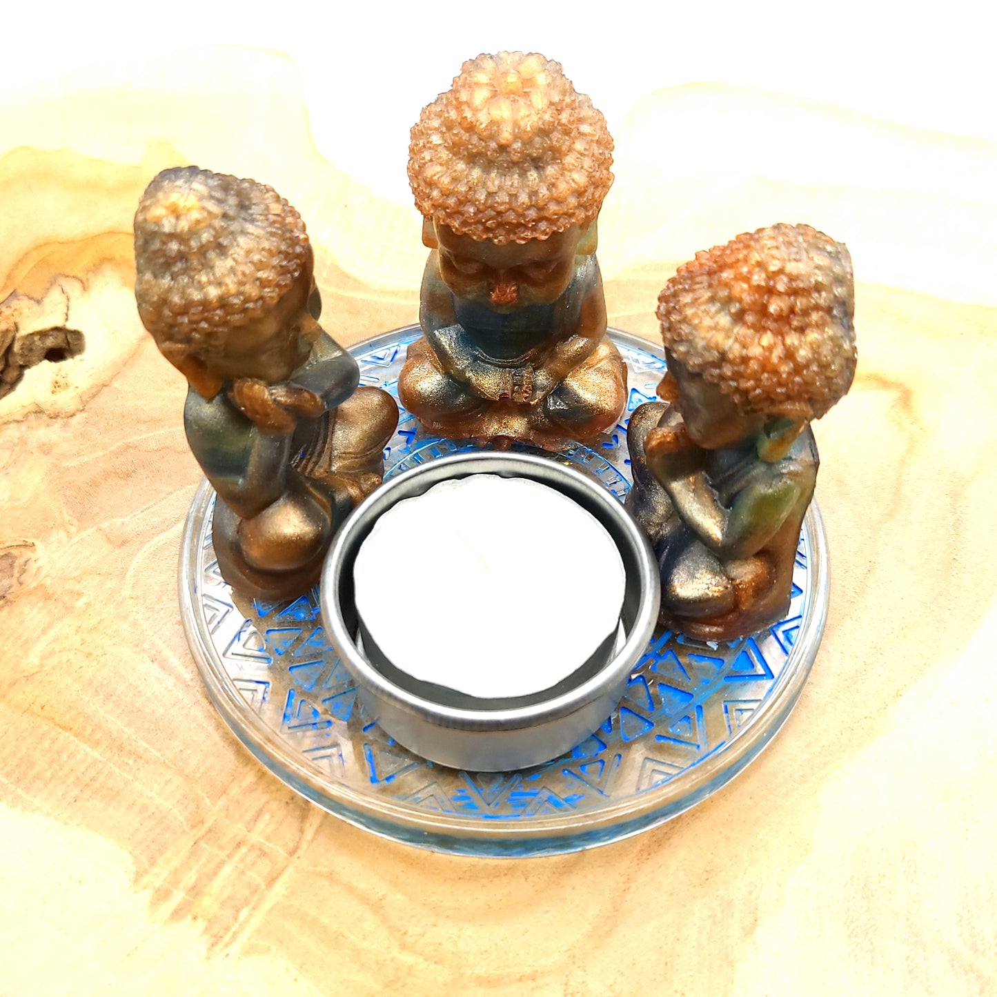 DÉCORATIONS " 6 en 1 "  LOT 3 BOUDDHAS + SOCLE MANDALA EN RÉSINE + COUPELLE EN MÉTAL & BOUGIE -  LOTS AU CHOIX UNIQUES, ARTISANAUX & ORIGINAUX