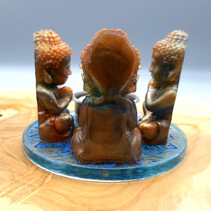 DÉCORATIONS " 6 en 1 "  LOT 3 BOUDDHAS + SOCLE MANDALA EN RÉSINE + COUPELLE EN MÉTAL & BOUGIE -  LOTS AU CHOIX UNIQUES, ARTISANAUX & ORIGINAUX