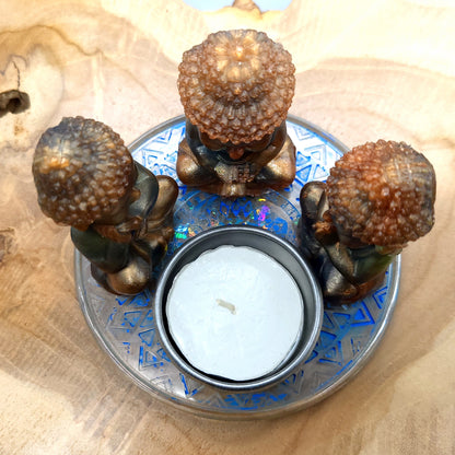 DÉCORATIONS " 6 en 1 "  LOT 3 BOUDDHAS + SOCLE MANDALA EN RÉSINE + COUPELLE EN MÉTAL & BOUGIE -  LOTS AU CHOIX UNIQUES, ARTISANAUX & ORIGINAUX