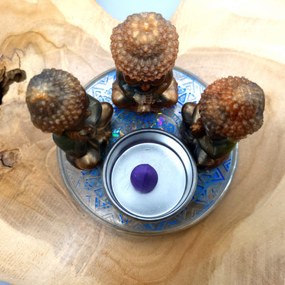 DÉCORATIONS " 6 en 1 "  LOT 3 BOUDDHAS + SOCLE MANDALA EN RÉSINE + COUPELLE EN MÉTAL & BOUGIE -  LOTS AU CHOIX UNIQUES, ARTISANAUX & ORIGINAUX