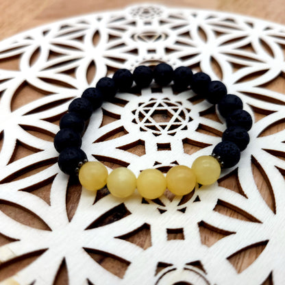 BRACELETS A ÉLASTIQUES DE PERLES RONDES EN PIERRES DE LAVE + CALCITE JAUNE - 2 TAILLES AU CHOIX - BIJOUX ARTISANAUX, UNIQUES & ORIGINAUX