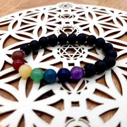 BRACELETS À ÉLASTIQUES EN PIERRES DE LAVE + 7 CHAKRAS - 2 TAILLES AU CHOIX - BIJOUX ARTISANAUX, UNIQUES & ORIGINAUX