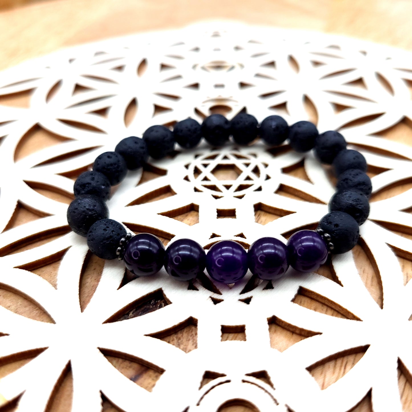 BRACELETS A ÉLASTIQUES DE PERLES RONDES EN PIERRES DE LAVE + AMÉTHYSTE - 2 TAILLES AU CHOIX - BIJOUX ARTISANAUX, UNIQUES & ORIGINAUX