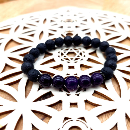 BRACELETS A ÉLASTIQUES DE PERLES RONDES EN PIERRES DE LAVE + AMÉTHYSTE - 2 TAILLES AU CHOIX - BIJOUX ARTISANAUX, UNIQUES & ORIGINAUX