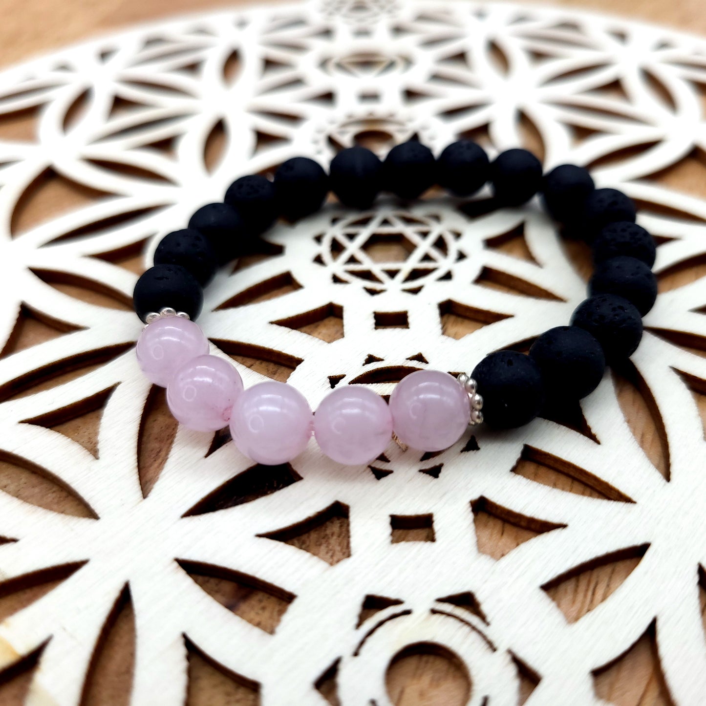 BRACELETS A ÉLASTIQUES EN PIERRES DE LAVE + QUARTZ ROSE - 2 TAILLES AU CHOIX - BIJOUX ARTISANAUX, UNIQUES & ORIGINAUX