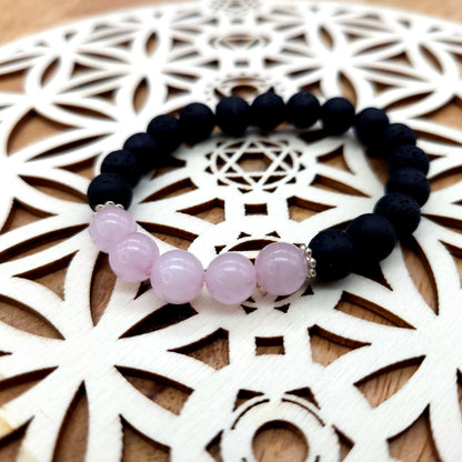 BRACELETS A ÉLASTIQUES EN PIERRES DE LAVE + QUARTZ ROSE - 2 TAILLES AU CHOIX - BIJOUX ARTISANAUX, UNIQUES & ORIGINAUX