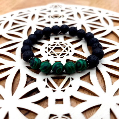 BRACELETS À ÉLASTIQUES EN PIERRES DE LAVE + MALACHITE - 2 TAILLES AU CHOIX - BIJOUX ARTISANAUX, UNIQUES & ORIGINAUX