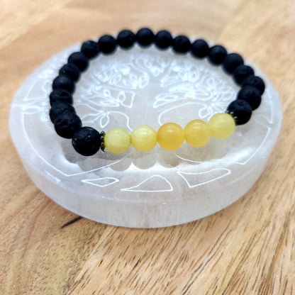 BRACELETS A ÉLASTIQUES DE PERLES RONDES EN PIERRES DE LAVE + CALCITE JAUNE - 2 TAILLES AU CHOIX - BIJOUX ARTISANAUX, UNIQUES & ORIGINAUX