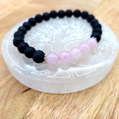 BRACELETS A ÉLASTIQUES EN PIERRES DE LAVE + QUARTZ ROSE - 2 TAILLES AU CHOIX - BIJOUX ARTISANAUX, UNIQUES & ORIGINAUX