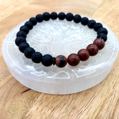 BRACELETS À ÉLASTIQUES EN PIERRES DE LAVE + JASPE ROUGE - 2 TAILLES AU CHOIX - BIJOUX ARTISANAUX, UNIQUES & ORIGINAUX