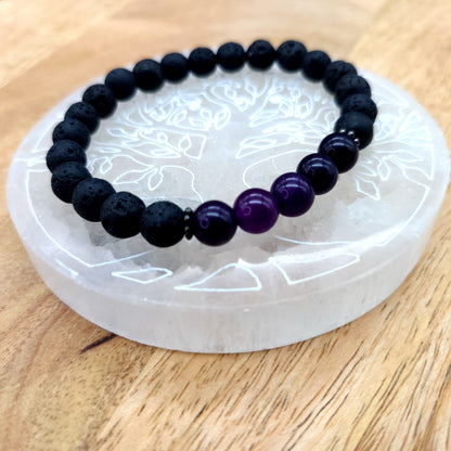 BRACELETS A ÉLASTIQUES DE PERLES RONDES EN PIERRES DE LAVE + AMÉTHYSTE - 2 TAILLES AU CHOIX - BIJOUX ARTISANAUX, UNIQUES & ORIGINAUX